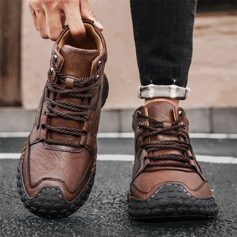 Men's Hand-Stitched Fashion Boots, Retro Lace-Up Mid-High Casual Shoes, Suitable for Spring and Autumn Daily Wear, Outdoor Hiking Boots, Comfortable Large-Size Men's Shoes image 6