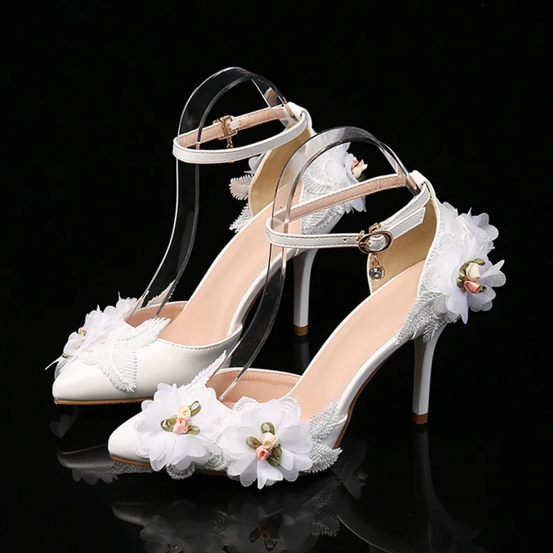 

Summer Fashion Lace Flowers Decoration Satin Women Pumps Elegant Pointed toe Ankle Strap High heels White Wedding Bridal Shoes