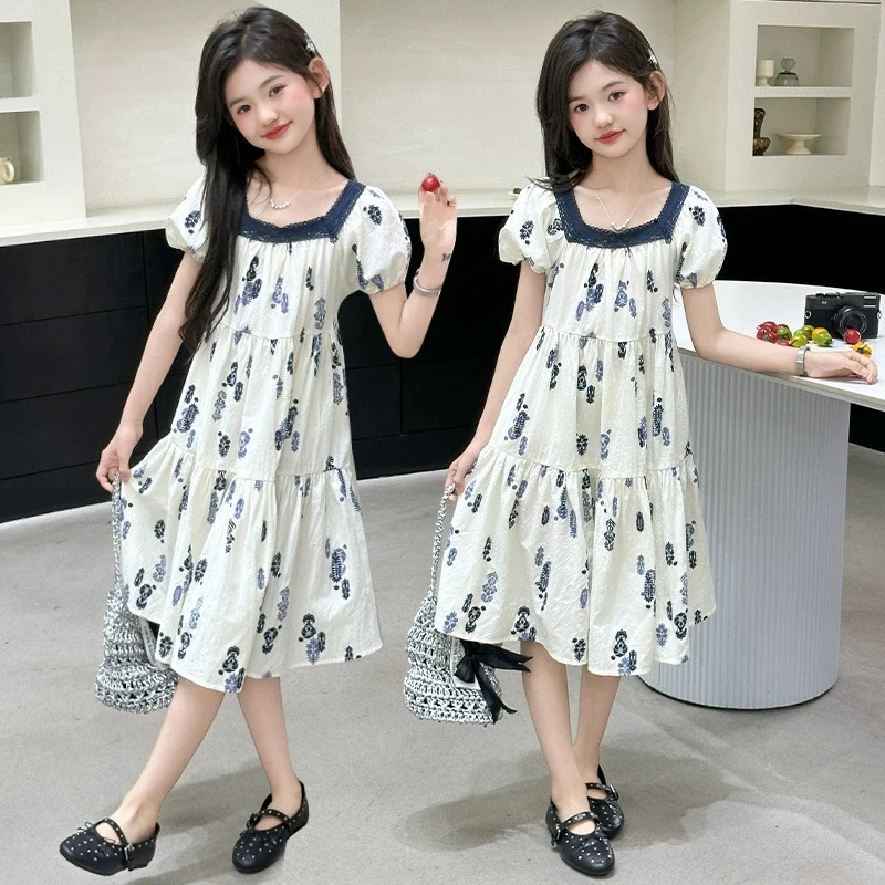 

2026 New INS Girls Cotton Spring Summer Bubble Sleeve Princess Printed Holiday Dress