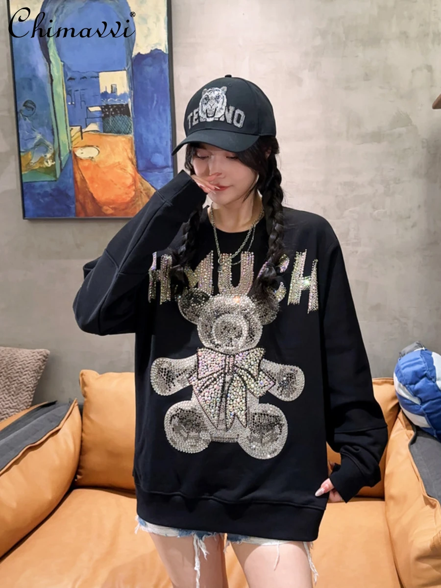 Light Luxury Sweatshirts Women Fashion Round Neck Street Rhinestone Bear Pullover Hoodies Autumn Winter New Loose Streetwear Top