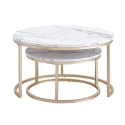 Modern nordic luxury Marble Look living room round nesting center side coffee table set, 2 in 1 Coffee Table with metal leg