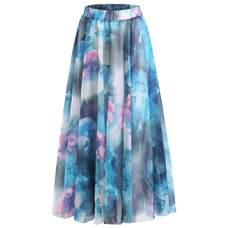 2024 Summer New Chiffon Print Floral Pleated Skirts Women Patchwork A-line Thin Slim Temperament Vacation Skirt Female Boho Blue