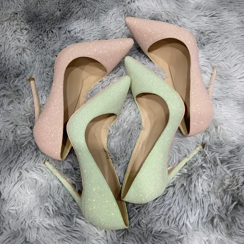 New European and American style fashionable versatile wedding shoes, high heels, sequins, shallow mouth single shoes, 12cm