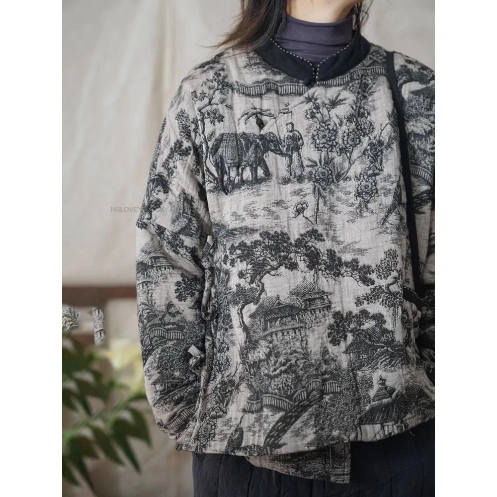 

New Chinese Retro Watercolor Print Thick Oblique Placket Cotton Jacket Stand Collar Cotton Winter Women's Zen Clothing Top