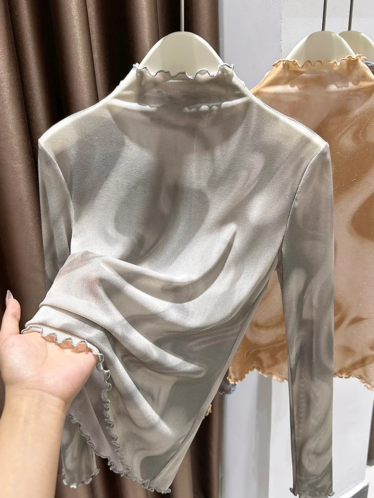 

Ele Long Sve Tie Dye Lace Blouse Women's Base irt f High Collar Thin Spring Sun Protection Cover up Top