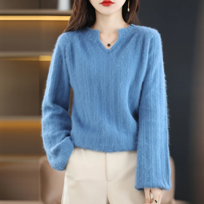 Autumn and Winter 2022 New Women\'s Sweater 100% Mink Cashmere Knitted V-neck Sweater Pullover Soft Thickened Free Delivery