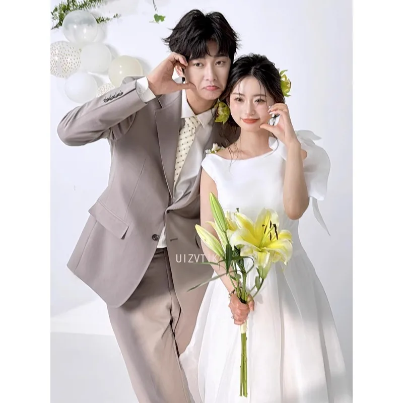 Простые корейские длинные свадебные платья трапециевидной формы с бантом для фотосессии из мягкого атласа с круглым вырезом Элегантные свадебные платья웨딩드레스 По индивидуальные корсеты 2025 Новинка