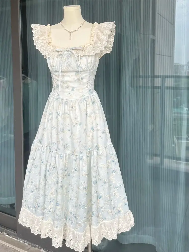 NONSAR ฤดูร้อนใหม่สไตล์ฝรั่งเศสน่ารักและหวานโบว์บินแขนชุดดอกไม้สีฟ้าผู้หญิง Elegant Gentle Slim A-Line ชุดยาว