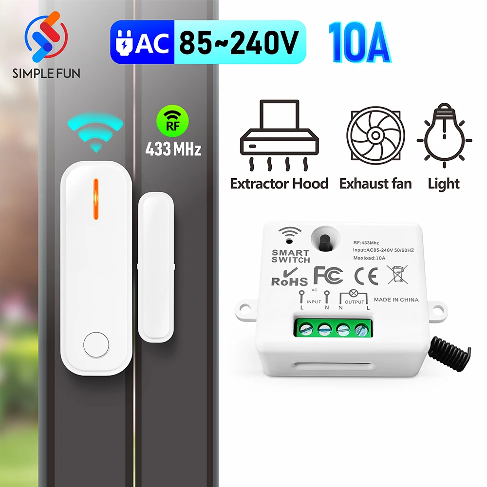 

Door Window Sensor Extractor Hood Wireless Window Contact Switch AC 110V 220V 230V 10A 433Mhz Relay Module,for exhaust Fan/Lamp