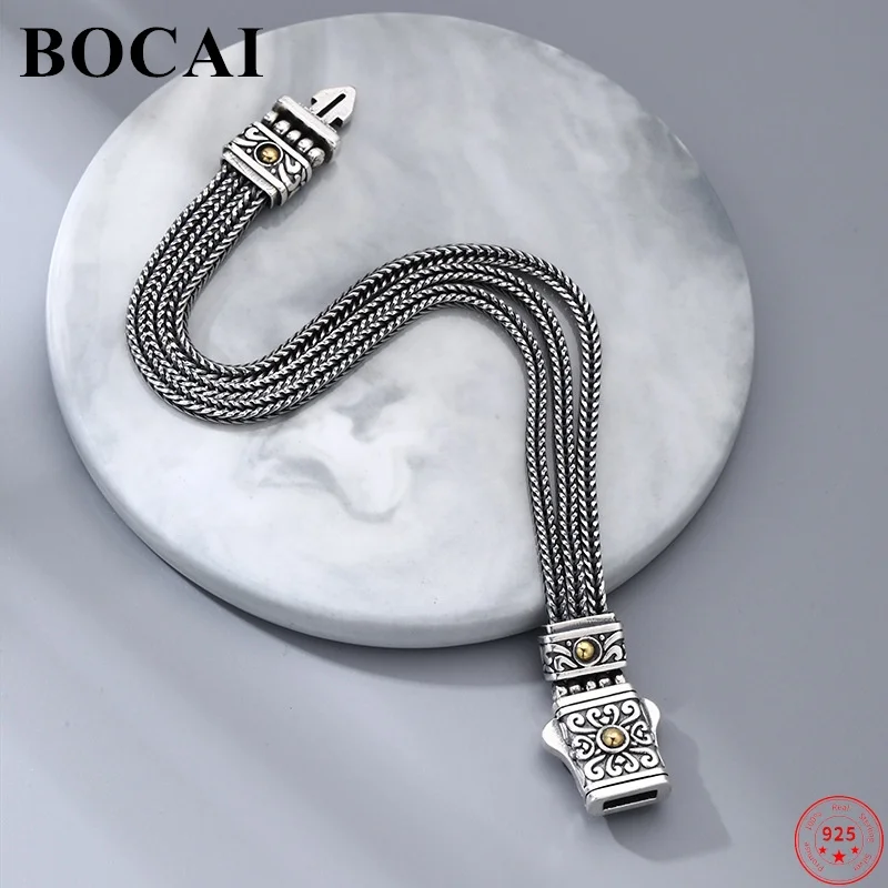 

BOCAI S925 Sterling Silver Bracelets for Women Men New Fashion Eternal Vine Totem 7mm Flat Horsewhip-chain Jewelry Free Shipping