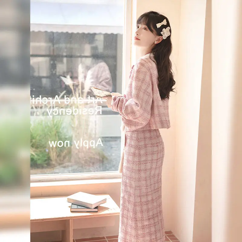 Korea Suit Winter New Plaid Square Collar Front Coat And Skirt Suit Conjuntos Mujer Dos Piezas De Vestir Festival Outfit