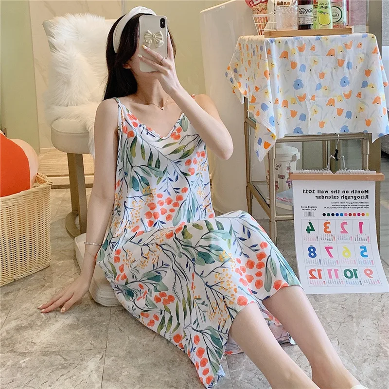 Summer Loose Thin Cotton Night Dress Women Print Cartoon  Sleepwear Lingerie Cute Nightdress Strap Thin Home Wear Clothes