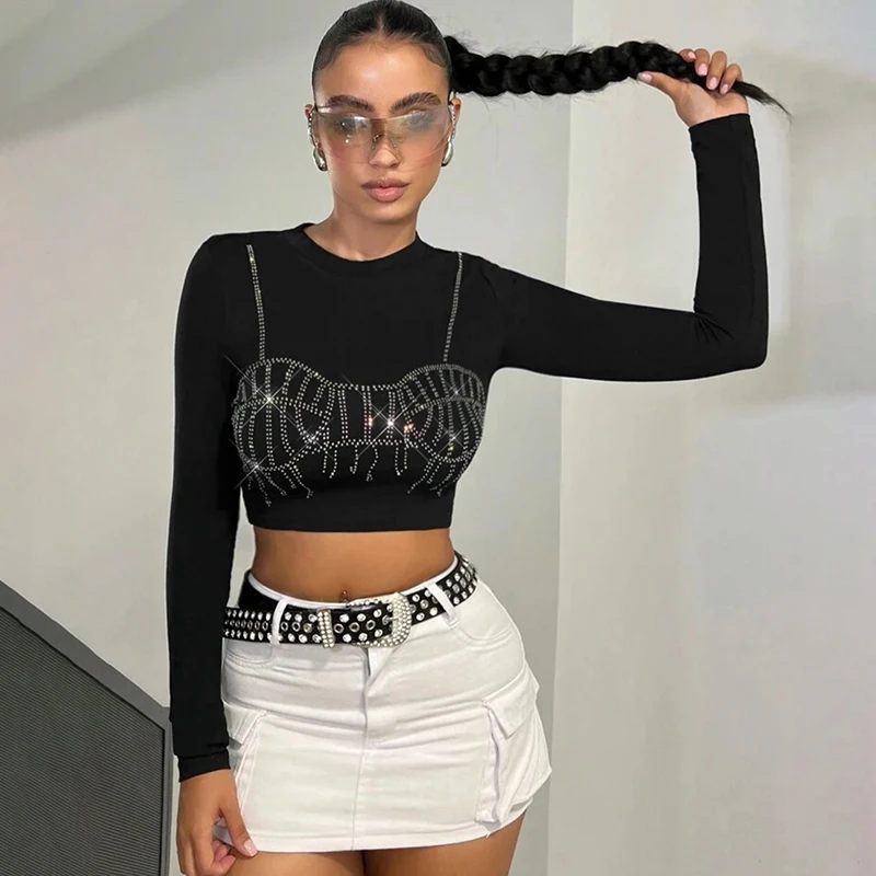 

Women's t-shirt fashion fall 2024 New Long sleeve tees crop top rhinestones blouses casual tops Youthful Cropped basic pulovers