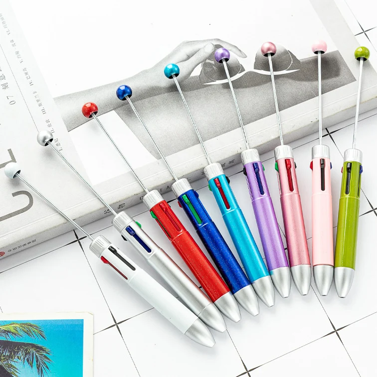 10Pcs New Diy Four-color Beaded Pens Wholesale Multi-color Plastic Ballpoint Pen Students 4 in 1 Account Pen