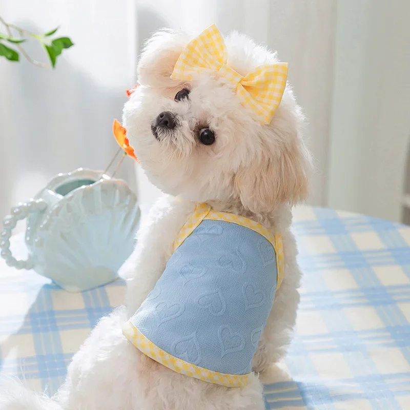 Spring and Summer Dog Cute Love Relief Texture Bow Strap Cat Tank Top Pet Dog Clothes Puppy Clothes Dog Costume