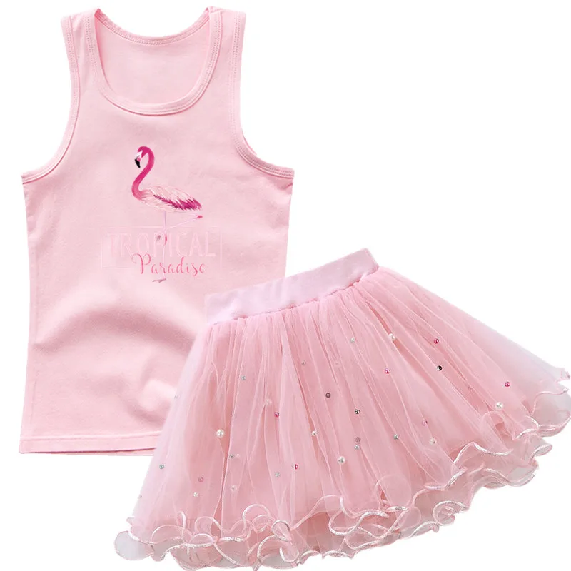 Girls Cute Flamingo Sleeveless T-shirt Outfits Baby Kids Cute Bird/Swan Tank Top +TUTU Skirt 2pcs kids party clothing Set