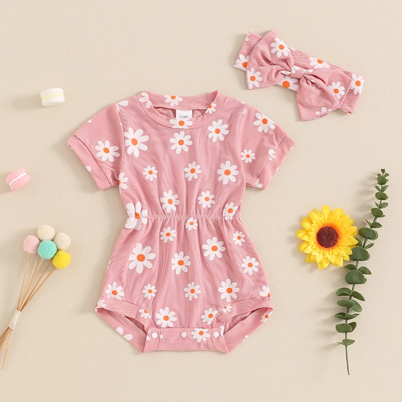 

Newborn Baby Girl Clothes Floral Short Sleeve Ribbed Romper Bodysuit Jumpsuit with Headband Summer Outfit