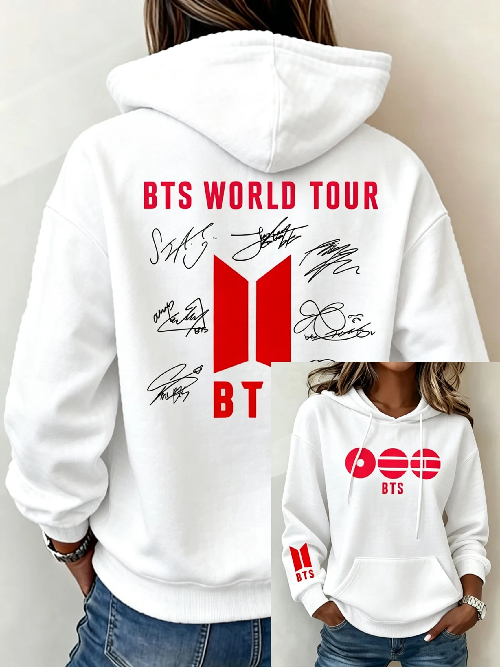 BTS World Tour Signature Print Hoodie für Damen, Langarm-Pullover, Oversized Streetwear, Kpop-Fan, Herbst-Winter-Sweatshirt, Oberteile – Detail 3