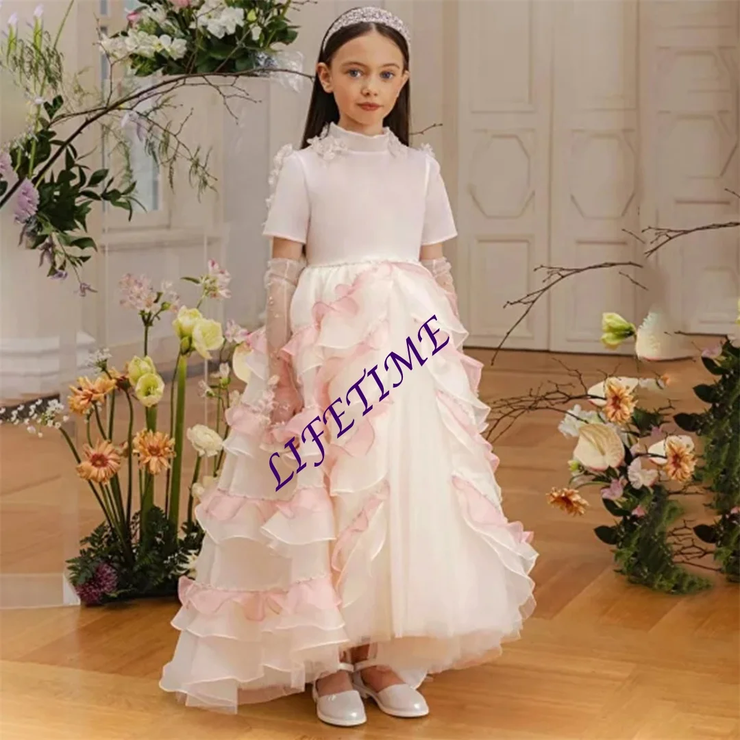 تخصيص الرقبة العالية الطية الكلاسيكية حفل زفاف رسمي زهرة فتاة فستان قصير الأكمام زهرة زين ألف خط التواصل الأول Gow #6