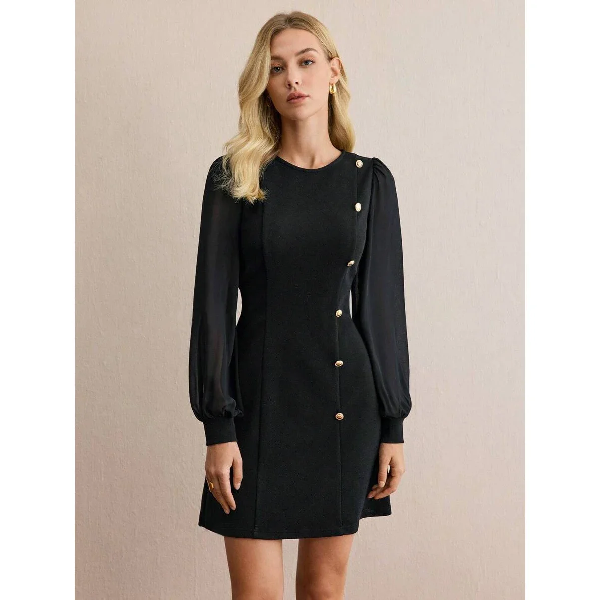 

CPSYM Модное женское платье миди, весеннее однотонное платье с круглым вырезом и пряжкой для ногтей, облегающее и утягивающее, с длинными рукавами в стиле пэчворк