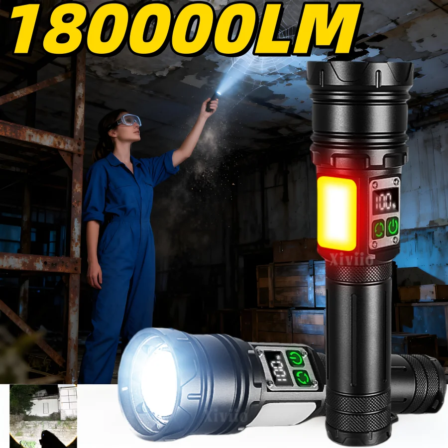 Senter LED Genggam Isi Ulang 180000LM dengan Zoom, Lampu Samping COB Merah, Lampu Peringatan, Tahan Air untuk Berkemah di Luar Ruangan