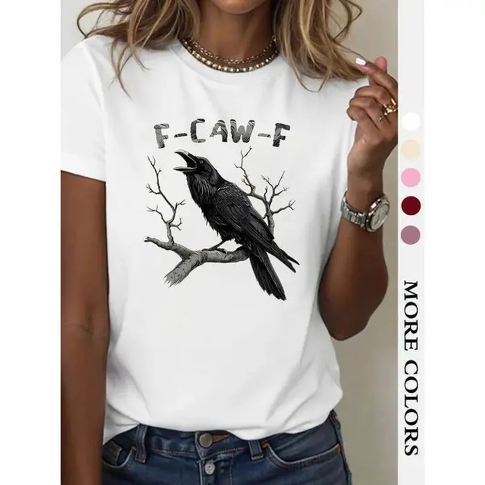 Women's Raven & Feather Print Round Neck Tee, Fashion Casual Crewneck T-shirt for Daily Holiday Vacation Outdoor Wear, Ladies Streetwear for All Seasons