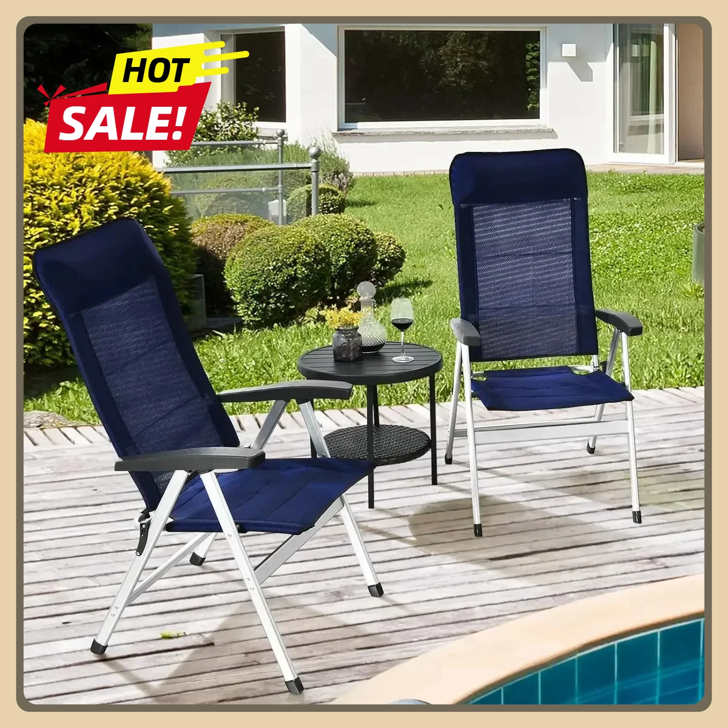

Patio Folding Chairs, Portable Reclining Chairs, Outdoor Indoor High Set of 2 with 7-Position Adjustable Back & Padded Headrest