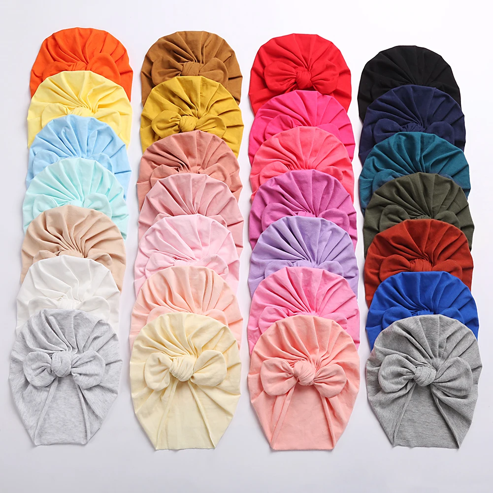 Cotton Baby Turban Hats Cute Bear Bow Beanies Caps Elastic Candy Color Headwraps Headwear Fashion Newborn Kids Hair Accessories