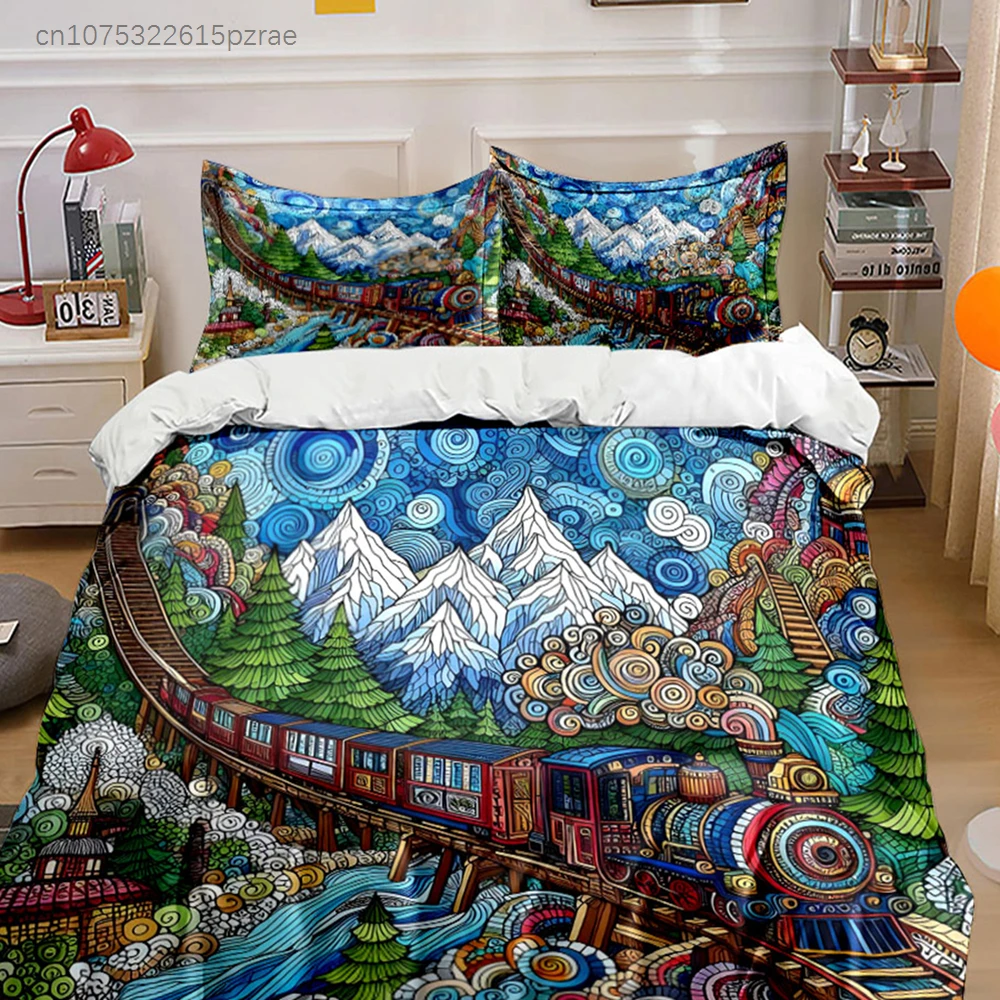 Colorful Mountain Train Artwork Set Multiple Sizes kid's And adults' Bedroom Exquisite 3PC Bedding set, Gift
