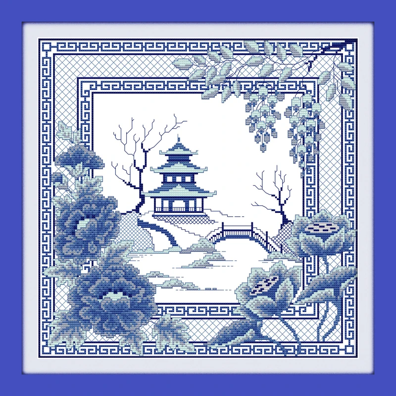 The blue porcelain view cross stitch kit 14ct 11ct count printed canvas stitching embroidery DIY handmade needlework