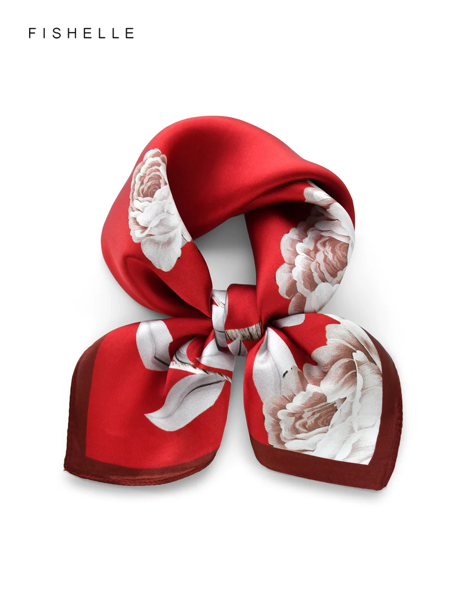 

Женский шарф из 100% натурального шелка с красной розой, женский шейный платок 50 см, гладкая шаль, весенне-осенний квадратный шарф, роскошный подарок