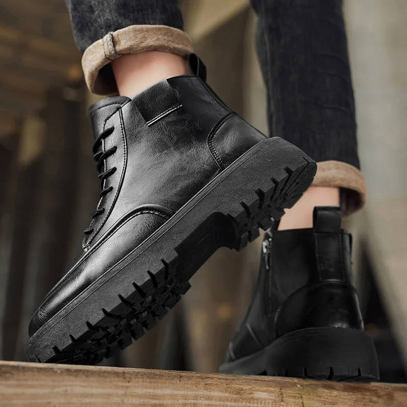 

Men's New Style Ankle Boots with Round Toe Lace-up Design Solid Color Suitable for Spring and Autumn Soft Outdoor Work Boots.