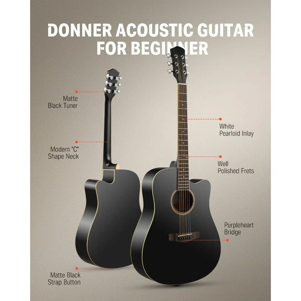 Black Acoustic Guitar Kit Full Size Cutaway Starter Bundle Set with Gig Bag Strap Tuner Capo Pickguard String 4 Picks