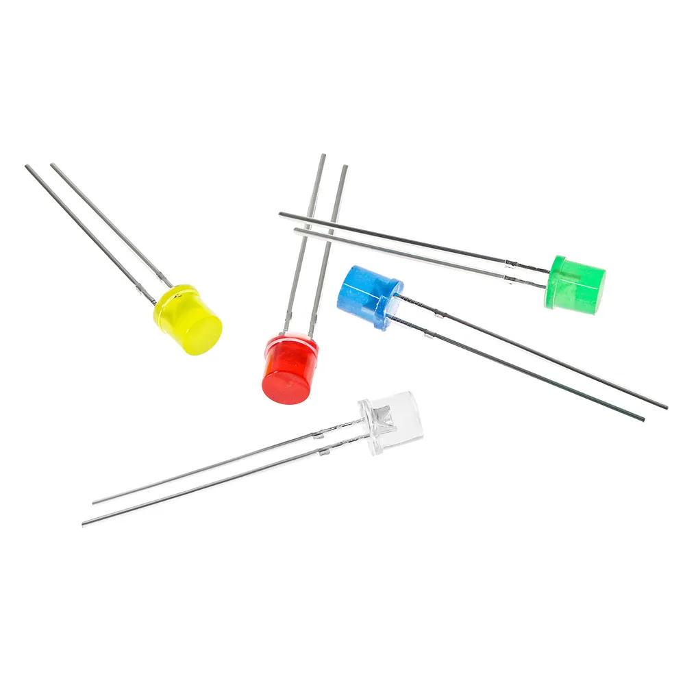 100-500PCS  5MM F5 Flat LED Kit 5 Color Red/Yellow/Blue/Green/White LED Diode Assortment Package for Arduino DIY Electronics