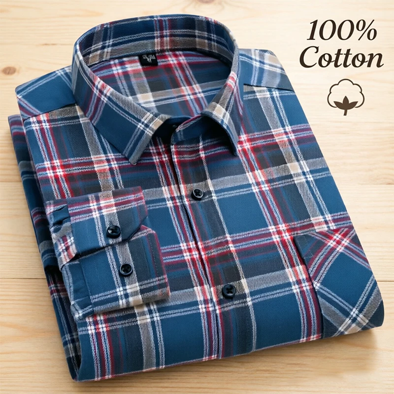 Pure Cotton Men's Plaid Shirt Long Sleeve Regular Slim Fit Casual Plus Sized Tops Fashion Spring Autumn New Male Checked Blouses