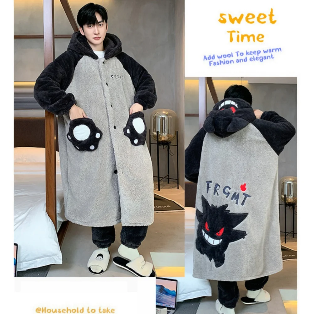 Gengar منامة دعوى أنيمي بوكيمون الشتاء المرجان الصوف ثوب النوم حجم كبير من سميكة الدافئة الكرتون الرجال مقنعين المنزل دعوى مجموعة #4