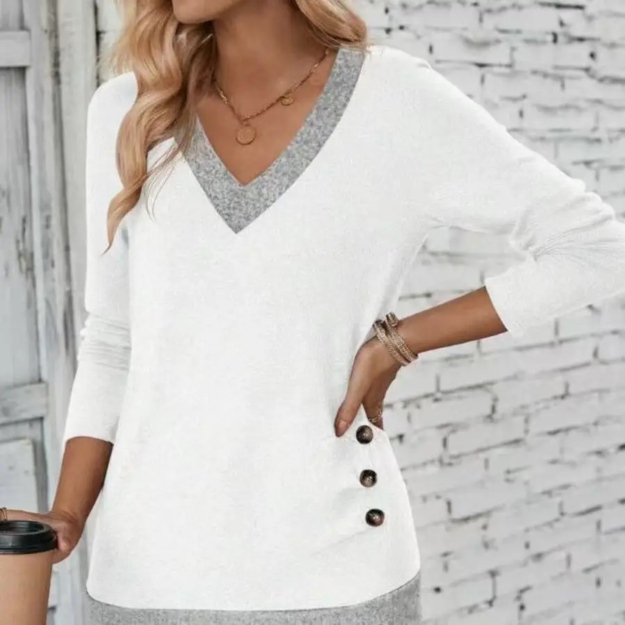 

Женская модная повседневная рубашка с v-образным вырезом и длинными рукавами, украшенная пуговицами, топ