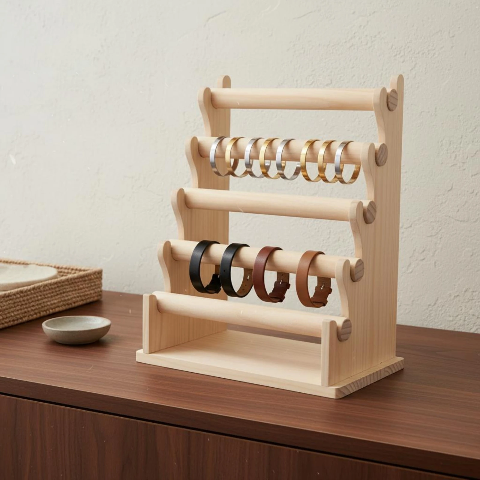 Easy to Display Natural Wood Jewelry Organizer Accessory Stand Bangle and Watch Rack for Home Countertop and Shop Presentation