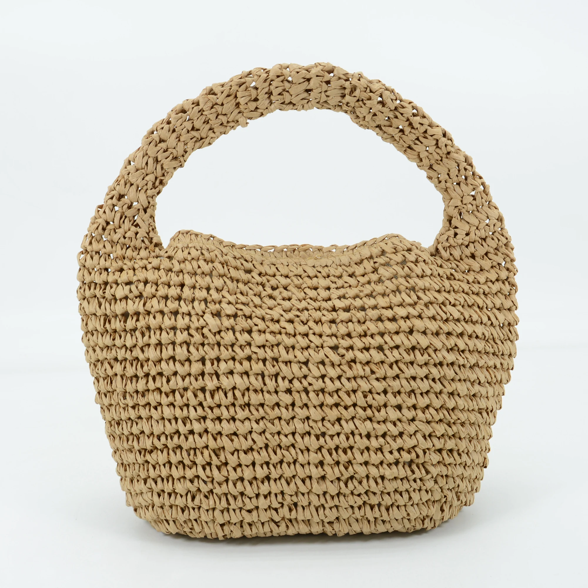 Handmade Crocheted Black and Tan Straw Mini Slouch Bag Casual Tote Hasp Closure Cotton Lining Bag for Summer