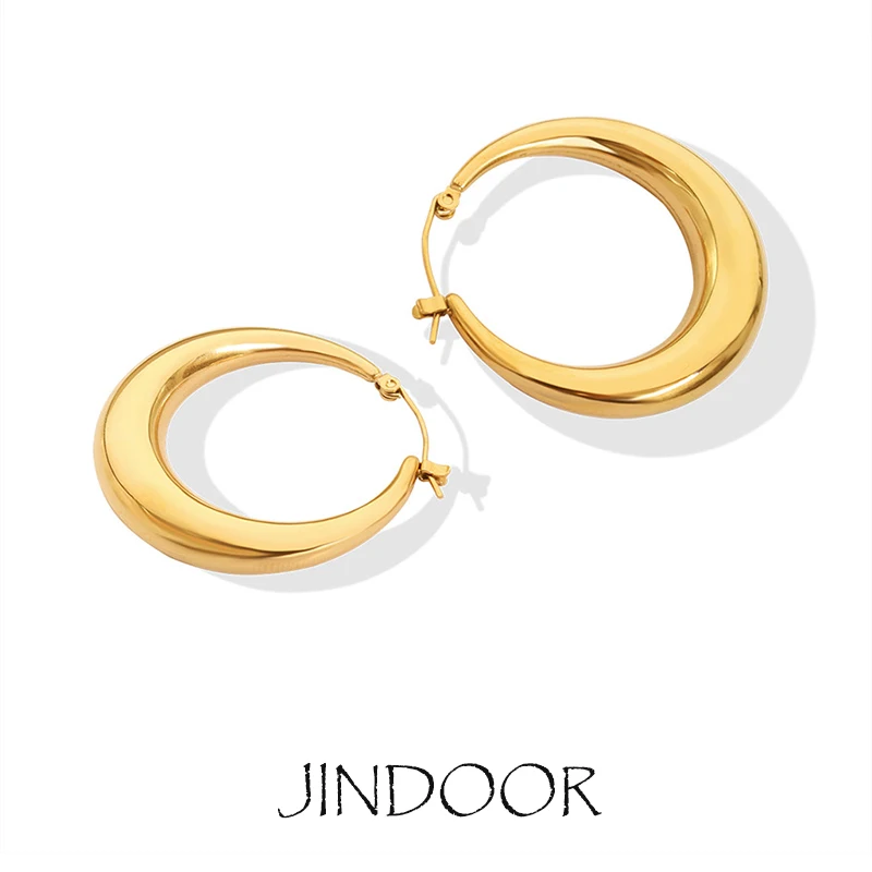 JINDOOR Titanium Steel And 18k Gold Plated Classic Tube Hoops, Large, Medium And Small Chunky Round Earrings