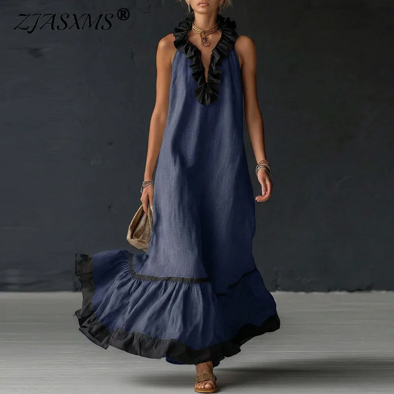 Summer Sleeveless Vacation Beach Maxi Dress Woman Spring V Neck Contrast Trim Flowy Long Dresses Elegant Ruffle Party Boho Dress