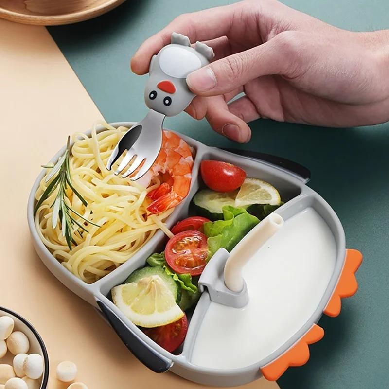 Creative Children\'s Silicon Plastic Date 304 Stainless Steel Cartoon Penguin Spoon Fork Strifice Bib