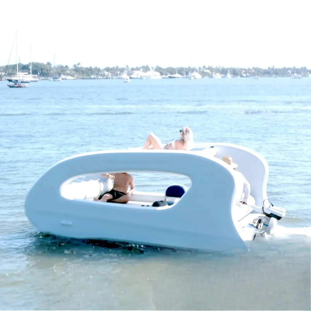 Sea inflatable floating house with motor, multi-person leisure floating boat, seaside vacation water sofa floating island