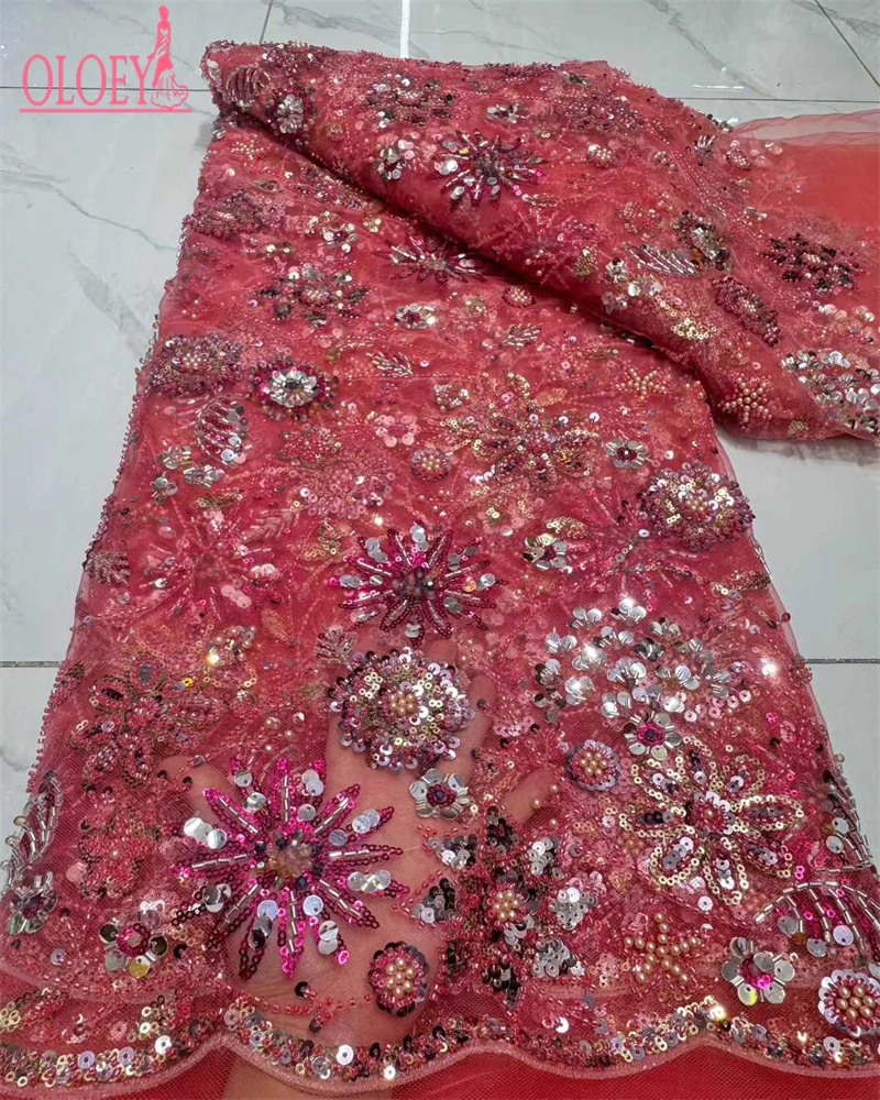 ผ้าลูกไม้ปักเลื่อมและลูกปัดสไตล์แอฟริกัน OLOEYLuxury คุณภาพสูง ปี 2025 ผ้าลูกไม้ฝรั่งเศส ผ้าลูกไม้ไนจีเรีย