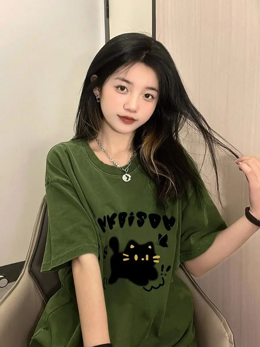 Pure cotton army green Korean version retro cartoon cat short sleeved T-shirt for women summer chic loose casual top T-shirt y2k