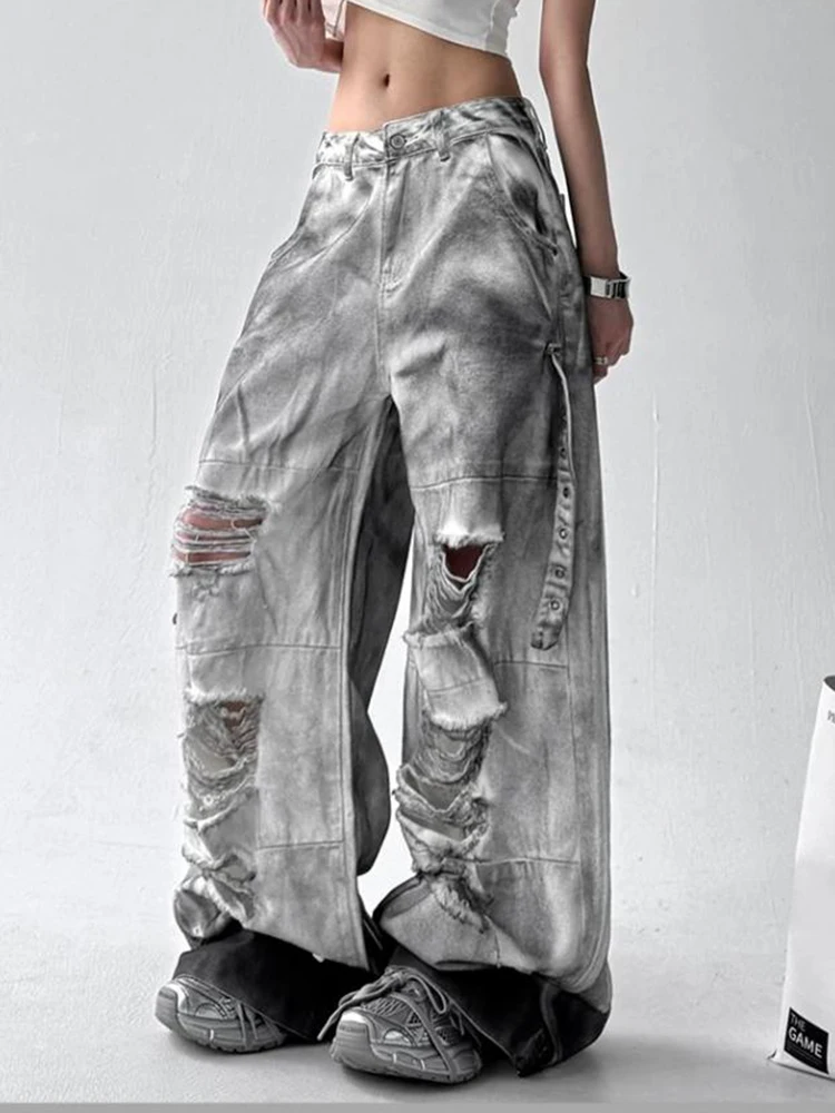 الصيف الجينز للنساء المتعثرة تعادل بنطال ذو قصة أرجل واسعة مهجورة التربة خمر ملابس العمل فضفاضة الرجعية سراويل جينز