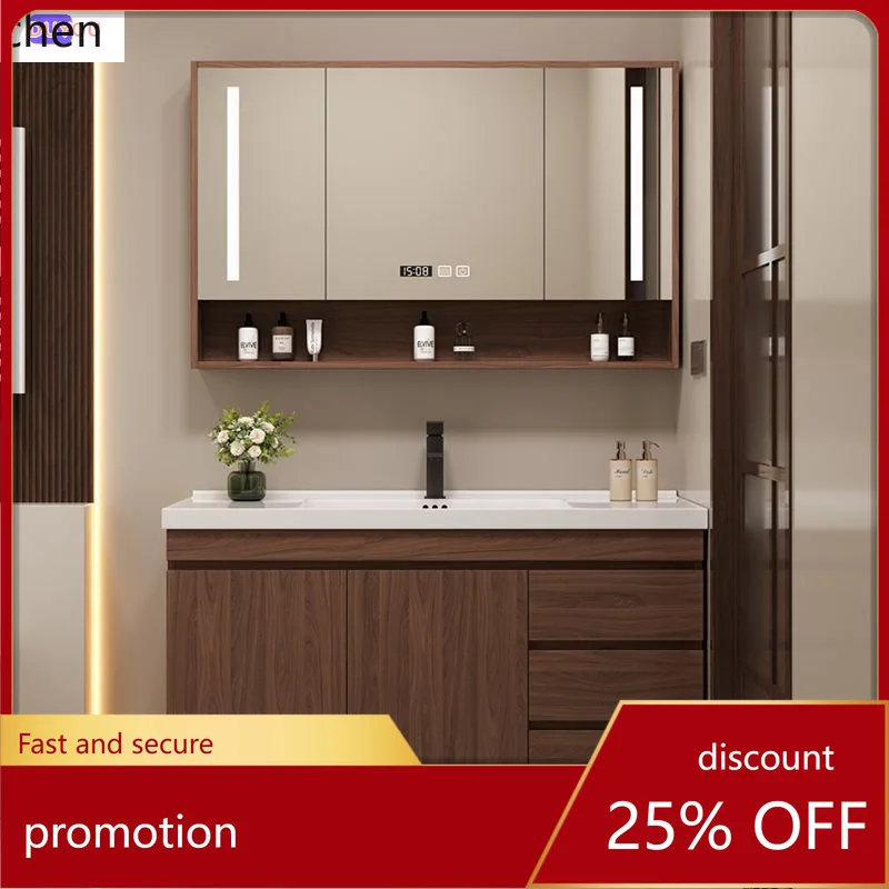 خزانة أرضية الحمام من الخشب الصلب HXL مع حوض غسيل سيراميك متكامل #1