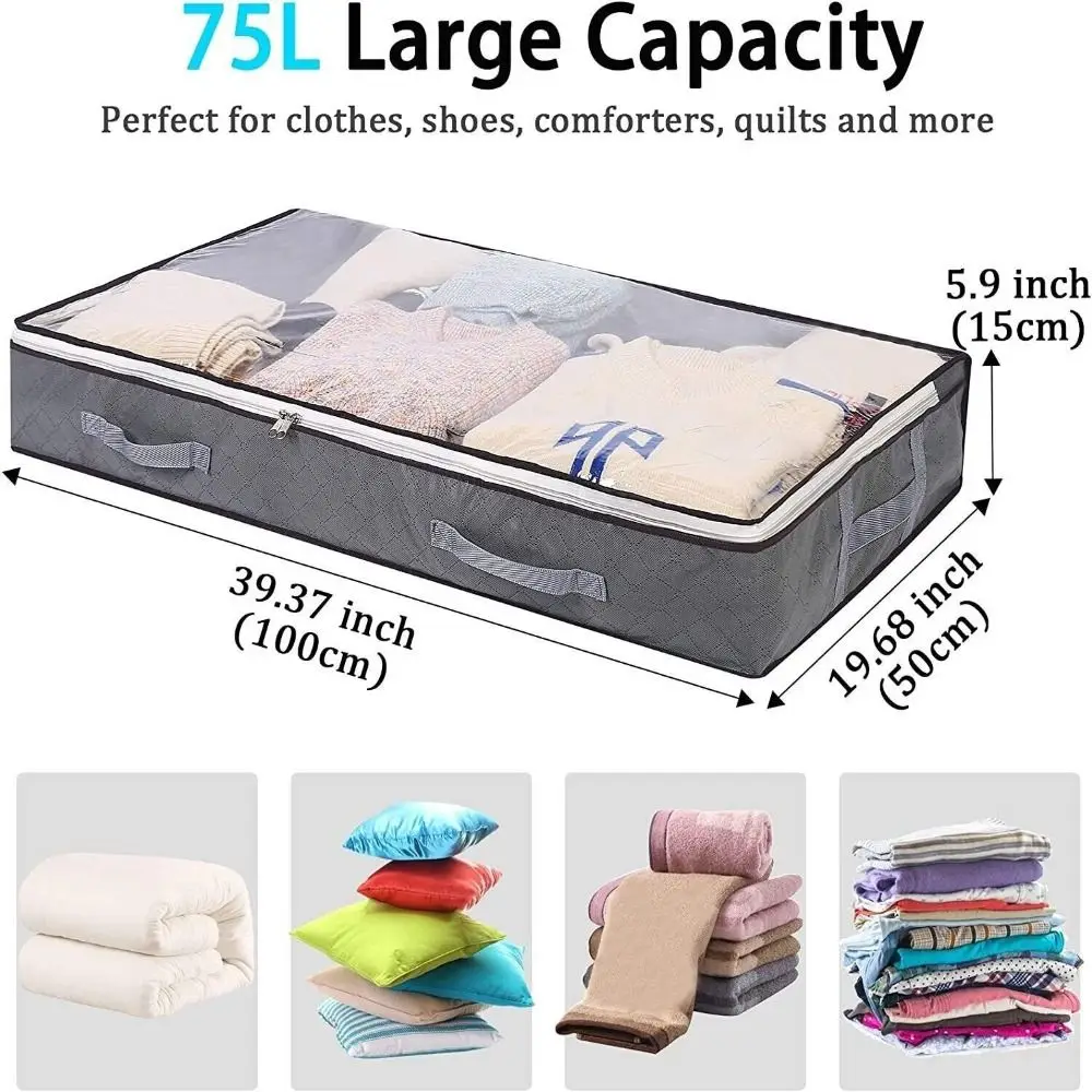 2PCS Large Underbed Storage Bag Dustproof Foldable Fabric Storage Bags Nonwoven Moisture-proof Zipped Organizer Shoes Clothes