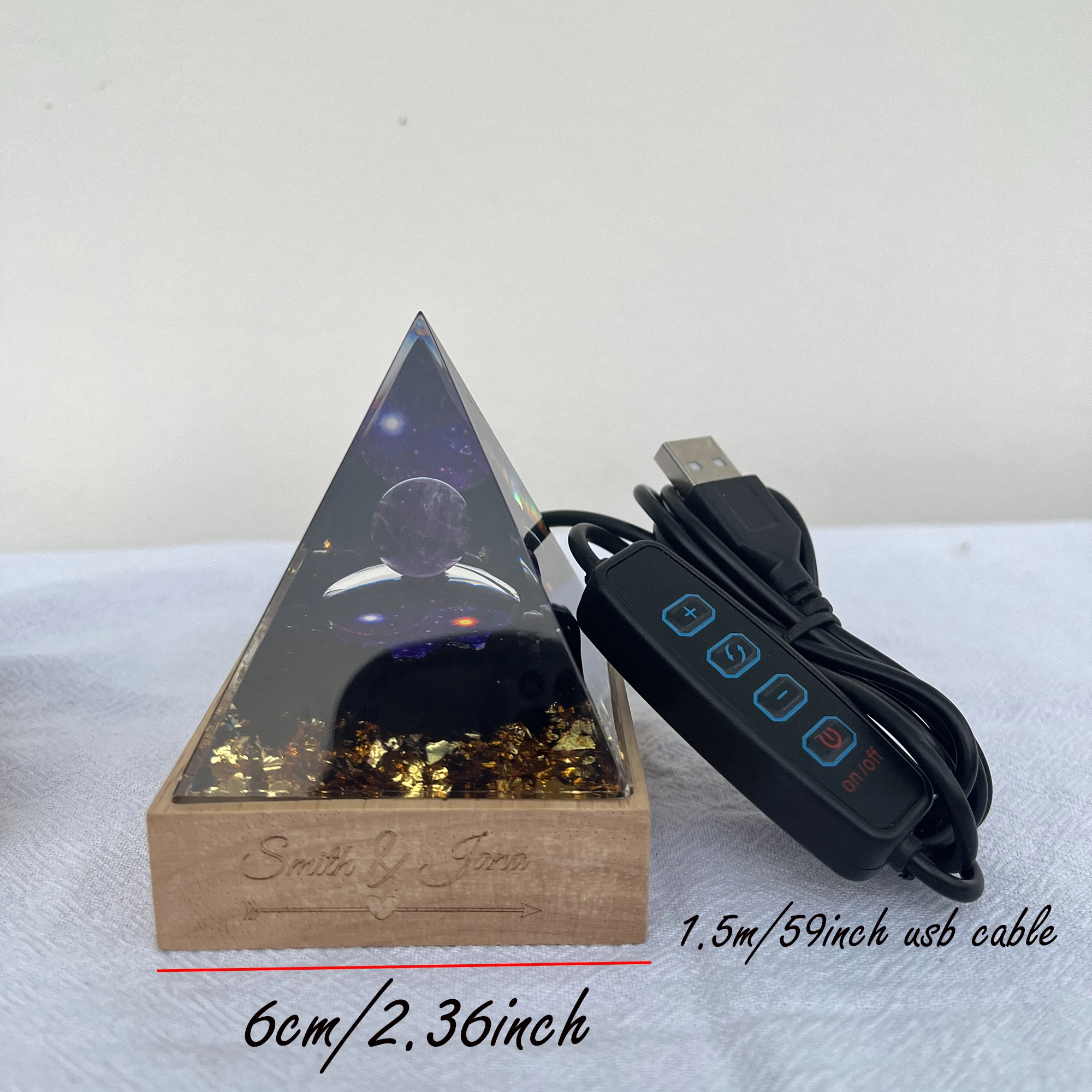 Customized Pyramid Natural Stone Led Wood Base Obsidian Tiger Eye Healing Crystal Reiki Chakra,Energy Orgonite Resin Sculpture