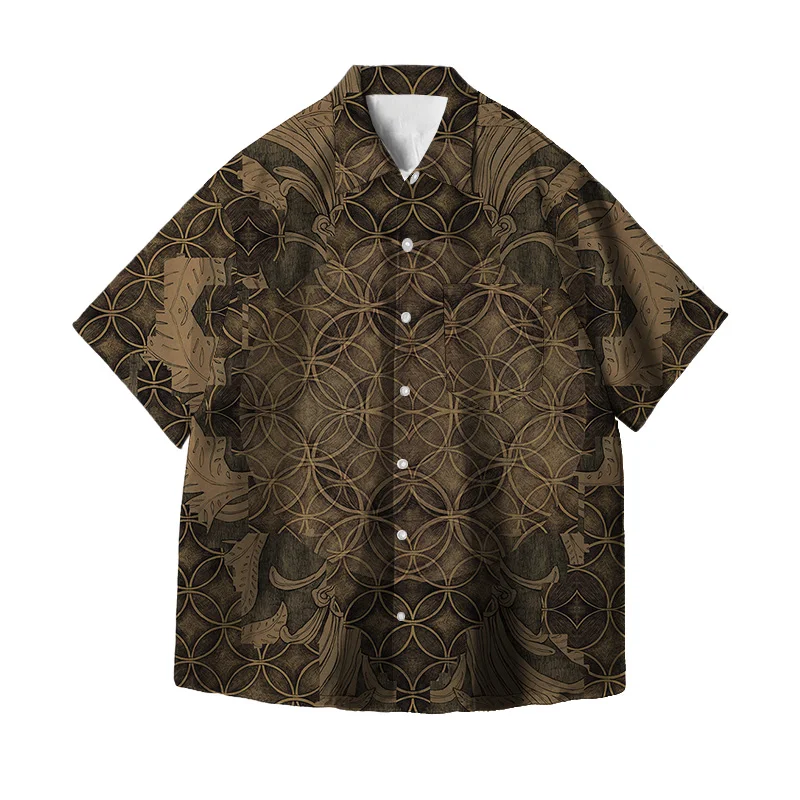 

Loose Short Sleeve Men's Shirt Vintage Print Casual Versatile Outerwear Summer New Style Polyester Fiber Sharp Collar Trendy